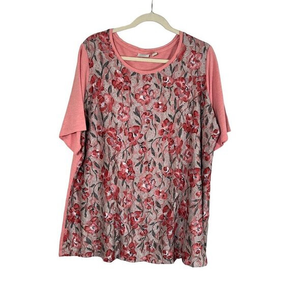 Logo by Lori Goldstein Women Top Size 2X Pink Round Neck Floral Embroidery Plus - Picture 1 of 11